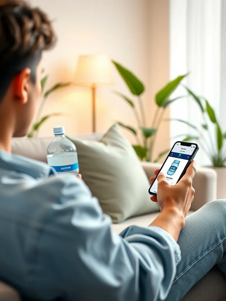 A person easily ordering AquaFlow water delivery through a mobile app on their smartphone, showcasing the convenience of the service.