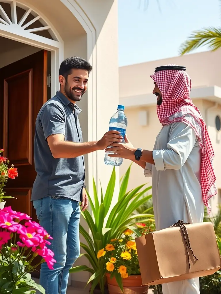 An AquaFlow delivery driver handing a bottle of water to a customer at their doorstep in Dubai, highlighting the friendly and reliable service.